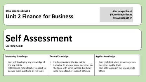 BTEC Level 1/2 Business - Unit 2 - Finance for Business - Self Assessment
