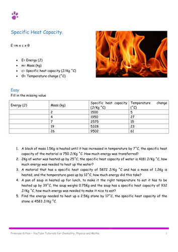 Specific Heat Capacity Calculations. 10 easy, 10 medium, 10 hard. Inc Answers. UPDATED 19.07.16
