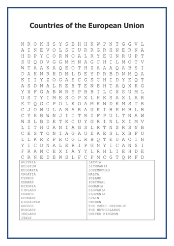 countries of the european union wordsearch by rachel teaching