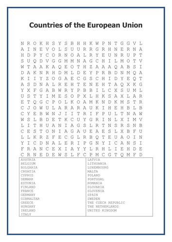 Countries of the European Union Wordsearch | Teaching Resources