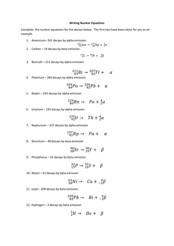 Nuclear Equations Worksheet Answers