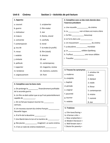 A-level French Unit 6 Cinema | Teaching Resources