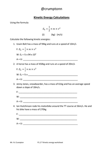 kinetic energy calculations teaching resources