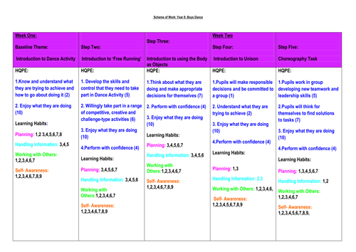 Year 7 or 8 Boys Dance Scheme of Work/Scheme of Learning