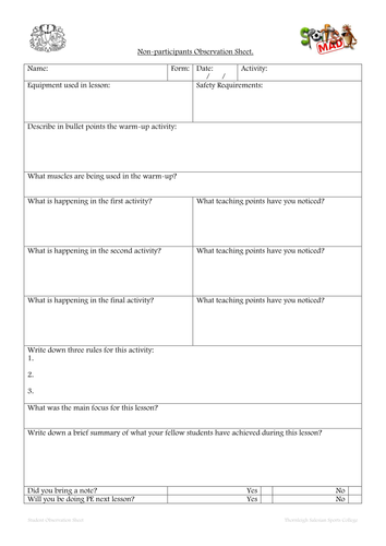 PE none-participants worksheet