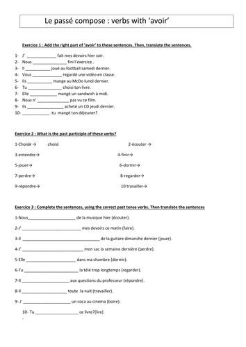 Passe Compose Avec Avoir Teaching Resources