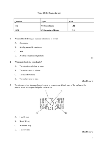 A-Level Biology Cell structure and Cell membrane Multiple Choice Diagnostic test