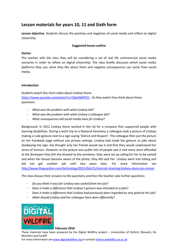 Digital Wildfire- Digital Citizenship & Social Media resource pack - KS4/5