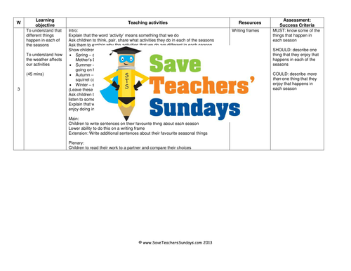 Activities in Each Season KS1 Lesson Plan, Worksheet and Writing Frame