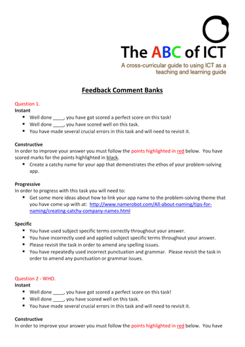 Feedback comment banks for marking