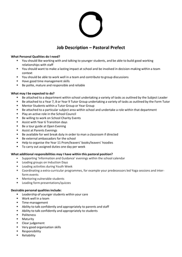 Pastoral Prefect Job Description and Application Form