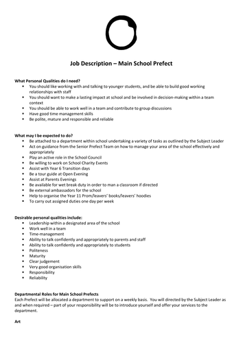 Main School Prefect Application Form and Job Description