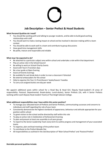 Head Student and Senior Prefect Application Form and Job Description.