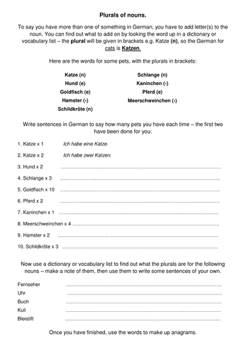 KS2/3 German: plurals of nouns worksheet