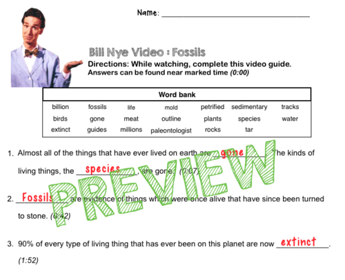 Bill Nye Video Questions Fossils W Time Stamp Word Bank And Answer Key Teaching Resources