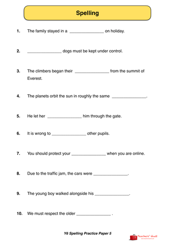 Y6 SATs Spelling Practice Paper 5 | Teaching Resources
