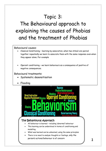 Abnormality - Behaviourist approach to Explaining and Treating Phobias Workbook