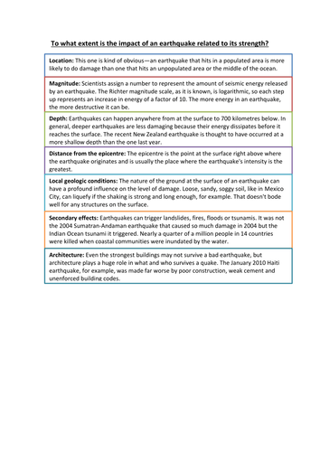 OCR Geography A2 - To what extent is the impact of an earthquake related to its strength notes