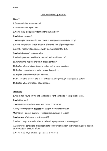 ks3 year 9 revision questions biology physics chemistry teaching resources