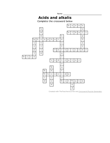 Acids and alkalis revision crossword with answers - challenging KS3 and standard GCSE