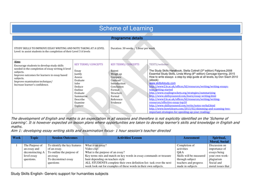 Study Skills Scheme of learning for A level students- English focus