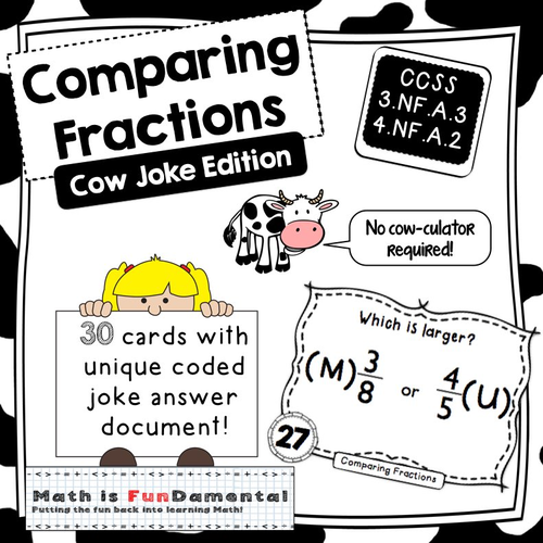 Comparing Fractions Task Cards (Cow Joke Edition) - with unique coded answers