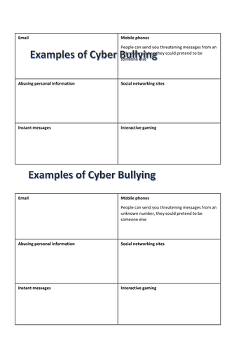 Cyber bullying worksheet