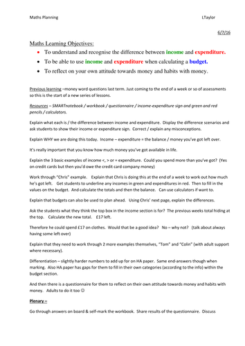 Calculating budgets using income & expenditure  + fun attitude to money questionnaire. Autism linked