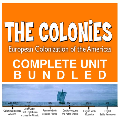 American Colonies Unit - Bundle - PPTs w/Video Links, Primary Source Docs, Test