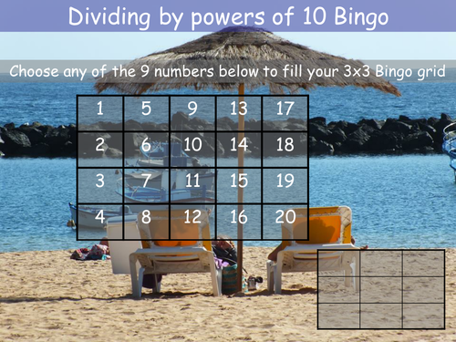 Dividing by powers of 10 Bingo with linked worksheet to bingo (answers included)