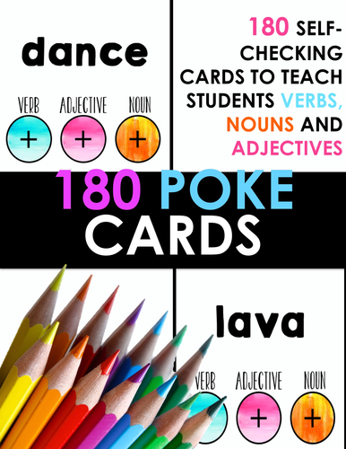 Word Class Poke Cards - 180 Self-Checking Cards for Nouns, Verbs and Adjectives