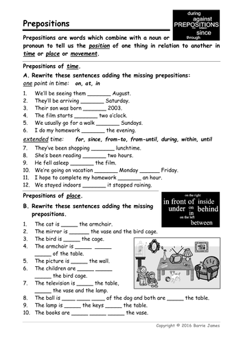 Prepositions & Pronouns worksheets