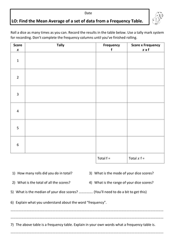 Mean Average  Frequency Table Dice Activity Maths Mastery Questions Worksheet Statistics Probability