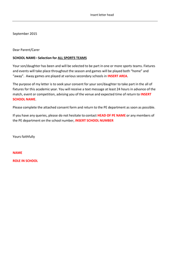 Letter for sports fixtures and clubs