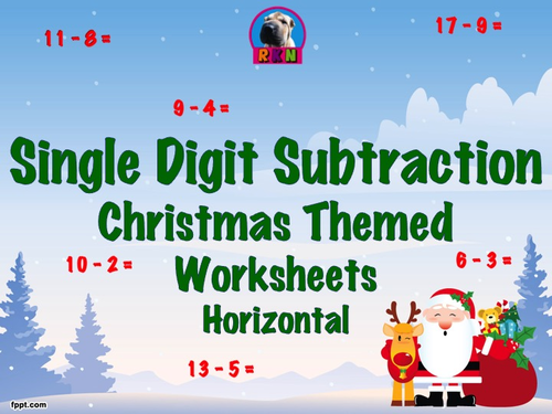 Single Digit Subtraction - Christmas Themed Worksheets - Horizontal