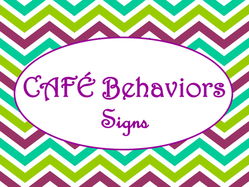 Cafe Daily 5 Behaviors Posters/Signs (Purple Green Chevron Theme)
