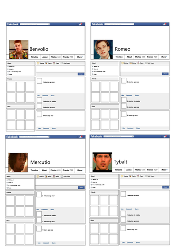 Romeo and Juliet Character Facebook Profiles - Romeo, Tybalt, Benvolio, Mercutio