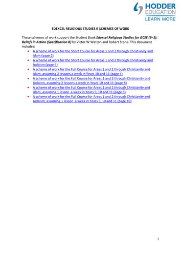 Edexcel RS GCSE B – Schemes of work