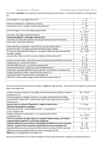 Physics Equation Sheet For Ocr Gateway A 9 1 Gcse Physics Teaching Resources