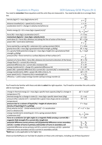 Physics Equation Sheet for OCR Gateway A (9-1) GCSE Physics