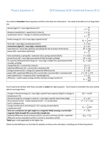 Equations For Gcse Physics Ocr Gateway And Aqa Complete List Teaching Resources