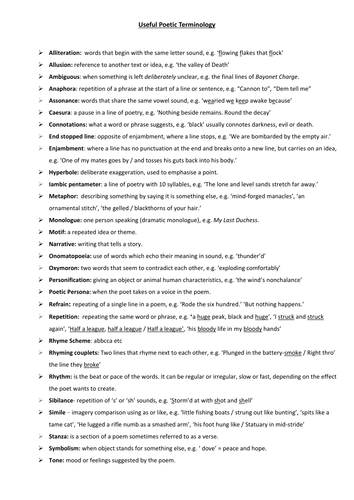 Poetic terminology sheet for new AQA GCSE English Lit poetry anthology