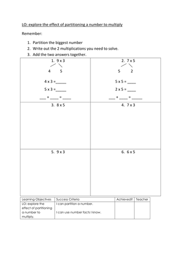 Explore the effects of partitioning a number for multiplication Year 3