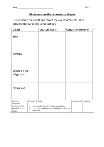 Calculating perimeter of objects outdoors year 3