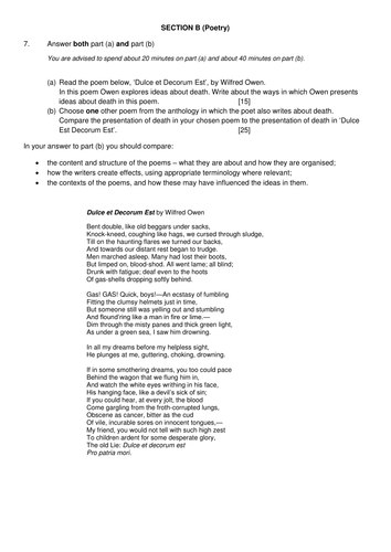 Eduqas GCSE English Literature,  Component 1:  Section B – Poetry (Part A and B) PEER ASSESSMENT