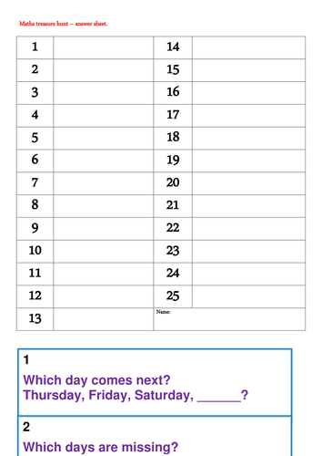 Year 2 maths treasure hunt