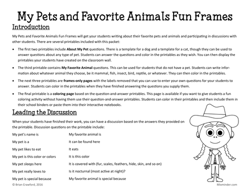 My Pets and Favorite Animals Fun Frames Writing Activity