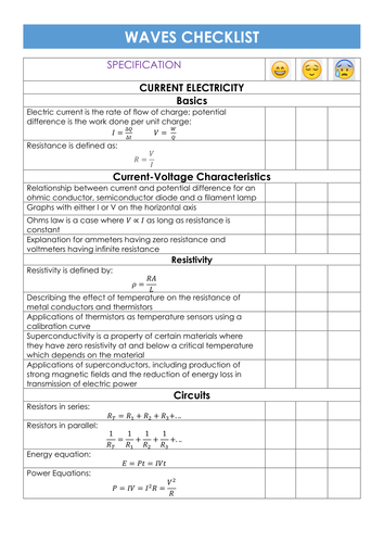 Checklists for New A-Level Physics topics: Waves, Electricity & Thermal