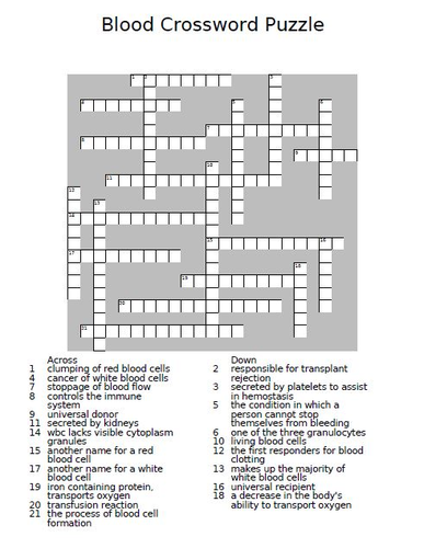 Blood Crossword Puzzle Teaching Resources
