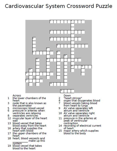 Cardiovascular System Unit Crossword Puzzle